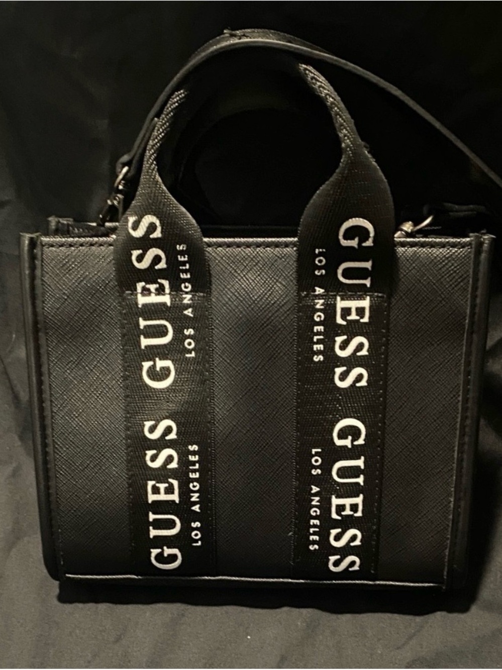 Saffiano leather mini tote bag, Guess Factory Logo Tape